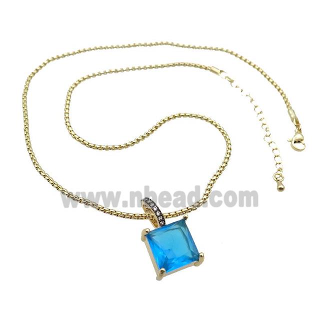 Copper Necklace With Blue Crystal Glass Square Gold Plated