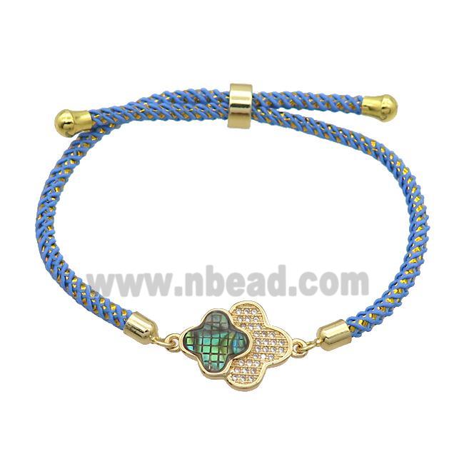 Blue Nylon Bracelet Copper Clover Pave Zircon Adjustable Gold Plated