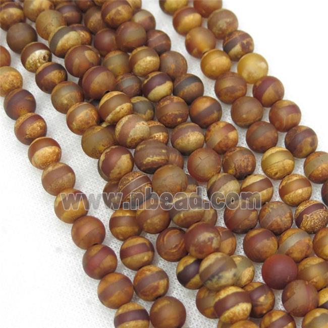 round matte Tibetan Agate beads, line, antique red