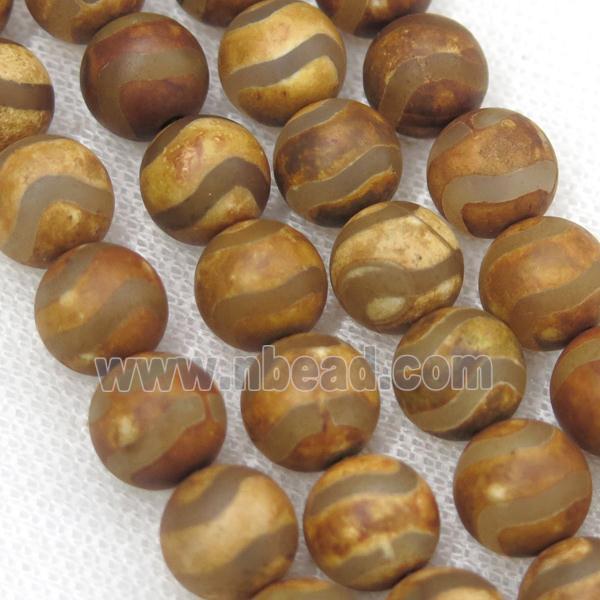 round matte tibetan agate beads, wave, antique brown
