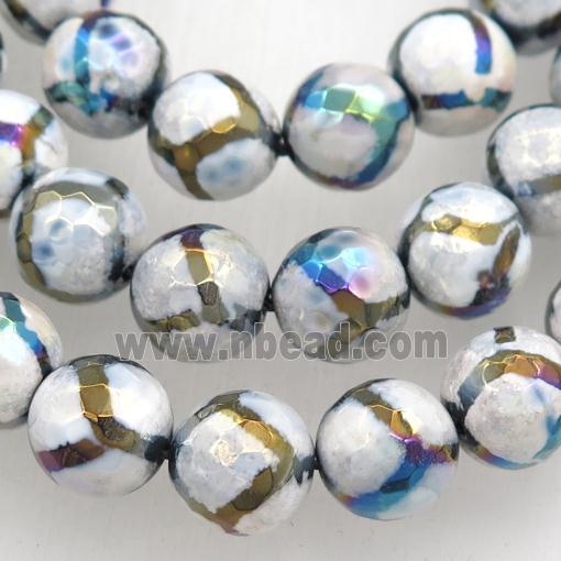 faceted round Tibetan Agate beads, football, AB color electroplated
