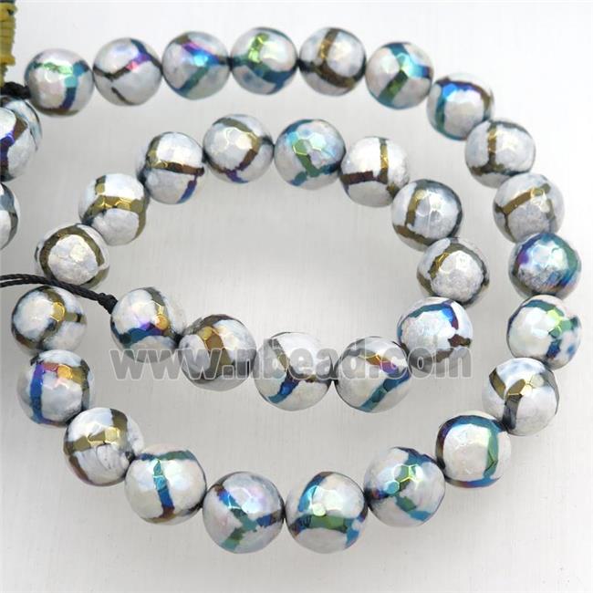 faceted round Tibetan Agate beads, football, AB color electroplated