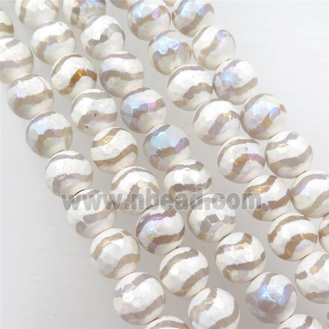 faceted round Tibetan Agate beads, white, wave, AB color electroplated