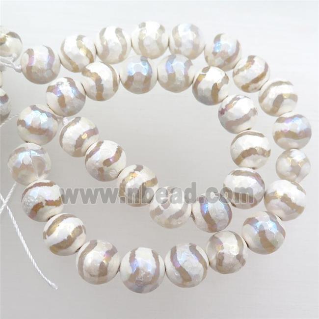 faceted round Tibetan Agate beads, white, wave, AB color electroplated