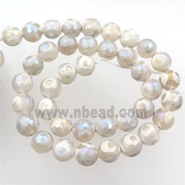 faceted round Tibetan Agate beads, white, eye, AB color electroplated