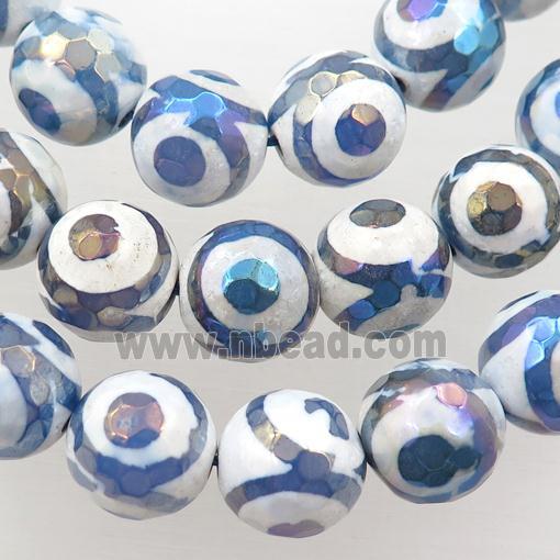 faceted round Tibetan Agate beads, blue, eye, AB color electroplated