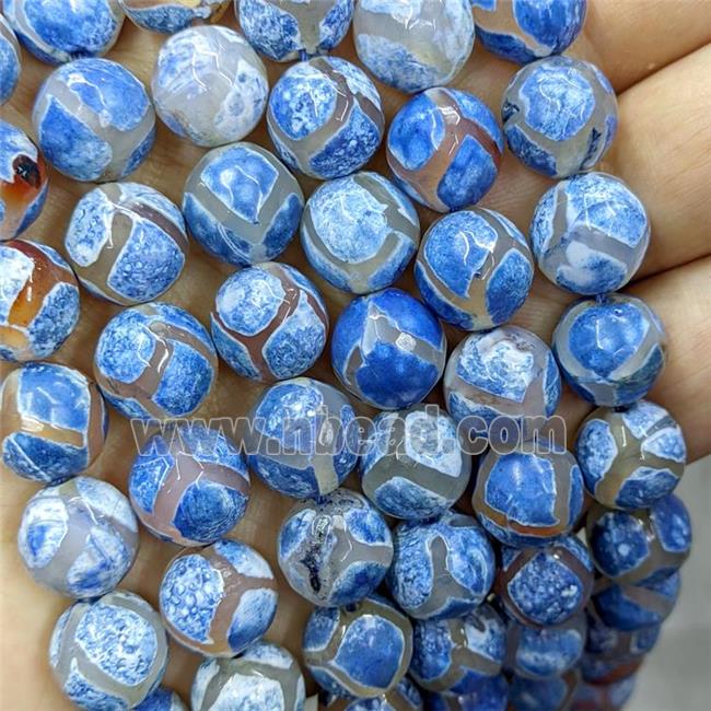 Tibetan Agate Beads Faceted Round Blue Dye B-Grade
