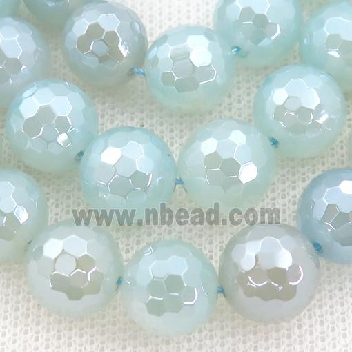 lt.aqua Agate Beads, faceted round, light electroplated