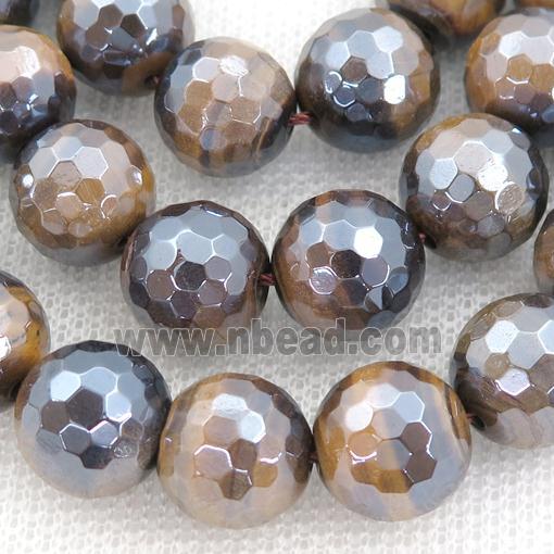 natural Tiger eye stone Beads, faceted round, light electroplated