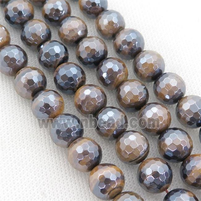 natural Tiger eye stone Beads, faceted round, light electroplated