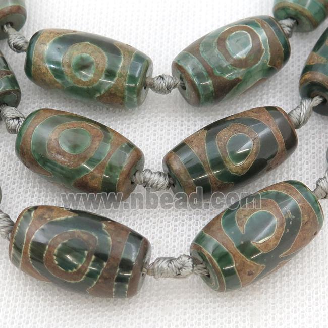 green Tibetan Agate barrel beads, evil eye