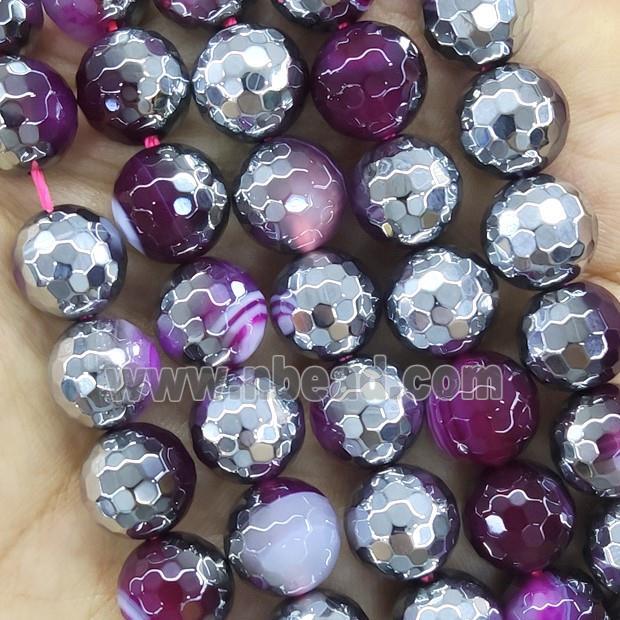 Hotpink Stripe Agate Beads Faceted Round Half Silver Plated