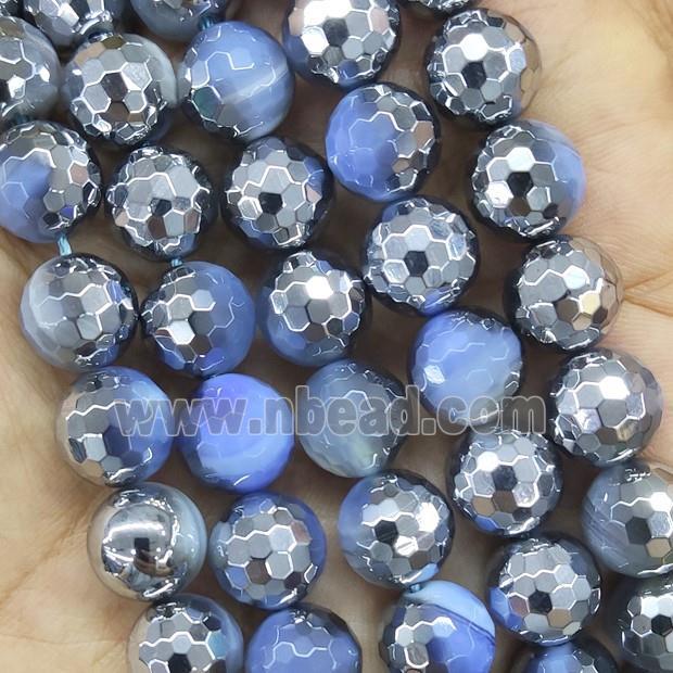 Blue Stripe Agate Beads Faceted Round Half Silver Plated