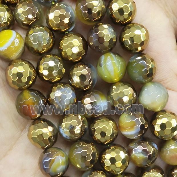 Yellow Stripe Agate Beads Faceted Round Half Gold Plated