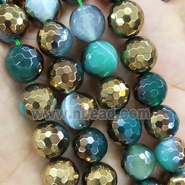 Green Stripe Agate Beads Faceted Round Half Gold Plated