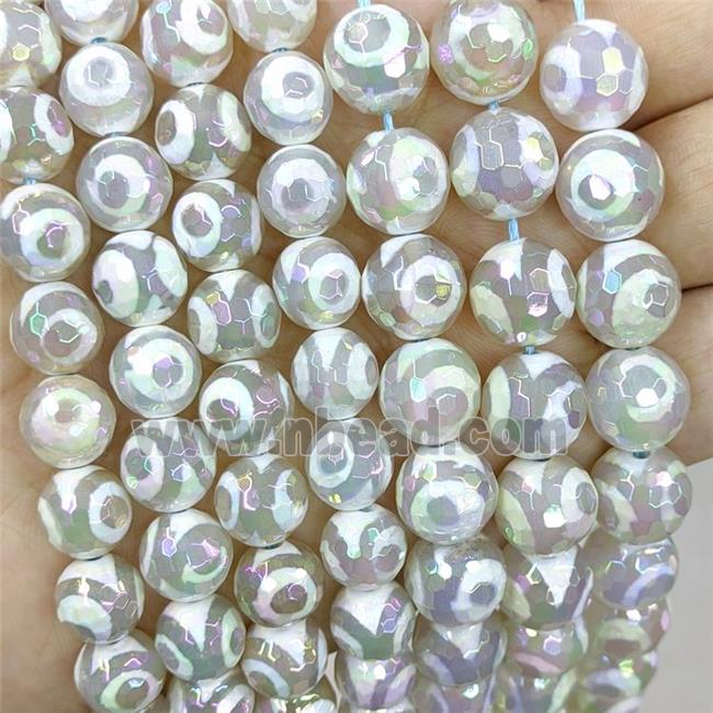 White Tibetan Agate Beads Evil Eye Faceted Round AB-Color Electroplated