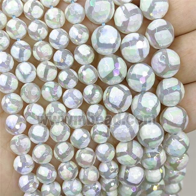 White Tibetan Agate Beads Football Faceted Round AB-Color Electroplated