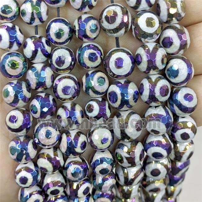 Black Tibetan Agate Beads Evil Eye Faceted Round Rainbow Electroplated