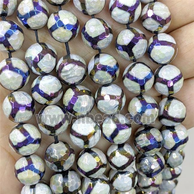 Tibetan Agate Beads Football Faceted Round Rainbow Electroplated