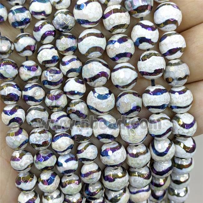 Tibetan Agate Beads Wave Faceted Round Rainbow Electroplated