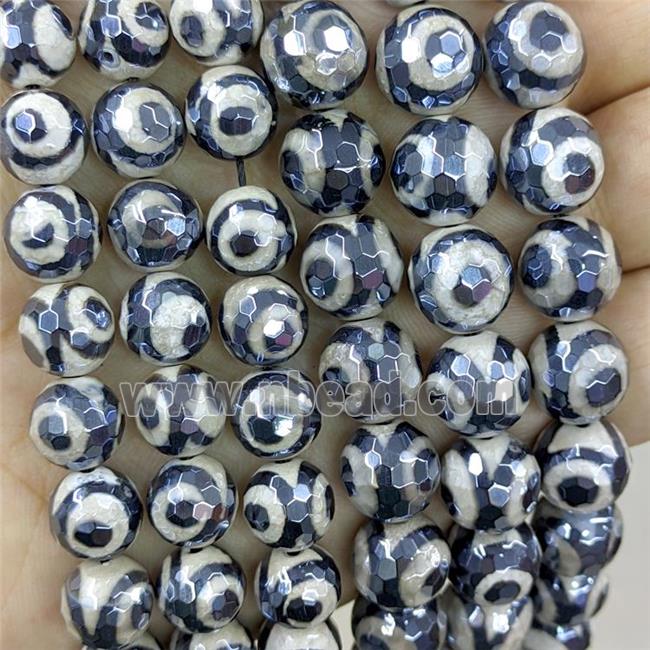 Black Tibetan Agate Beads Evil Eye Faceted Round LIght Electroplated