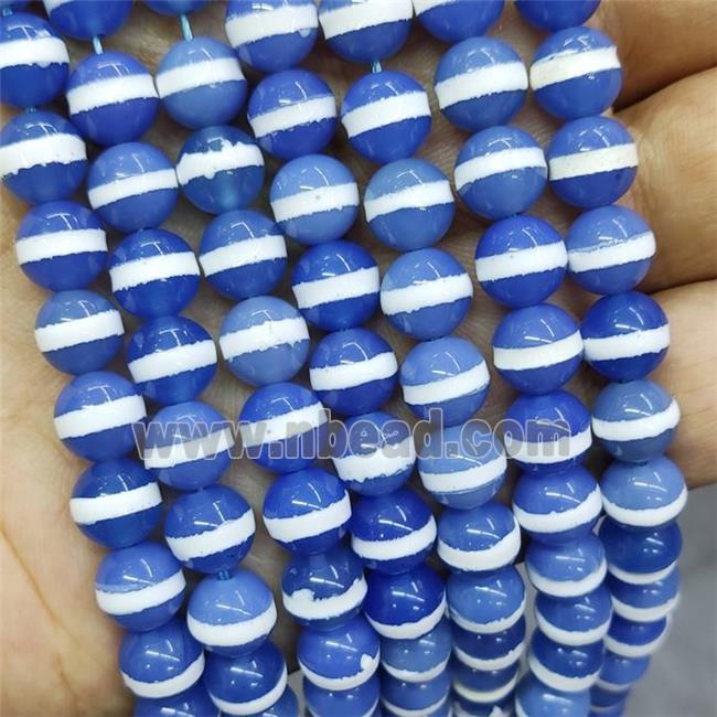 Blue Agate Beads Smooth Round Treated Tibetan Style