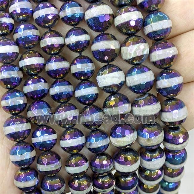 Tibetan Agate Beads Faceted Round Line Rainbow Electroplated