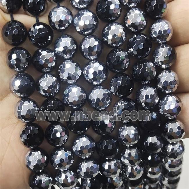 Natural Black Onyx Agate Beads Faceted Round Half Silver Electroplated