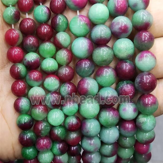 Natural Jade Beads Smooth Round Green Red Dye