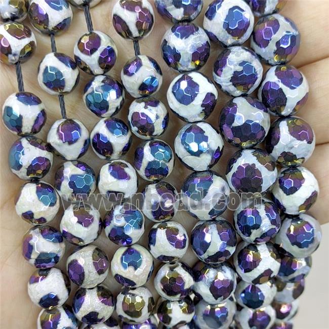 Tibetan Agate Beads Faceted Round Football Rainbow Electroplated