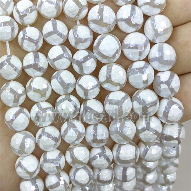 White Tibetan Agate Beads Faceted Round Football Electroplated