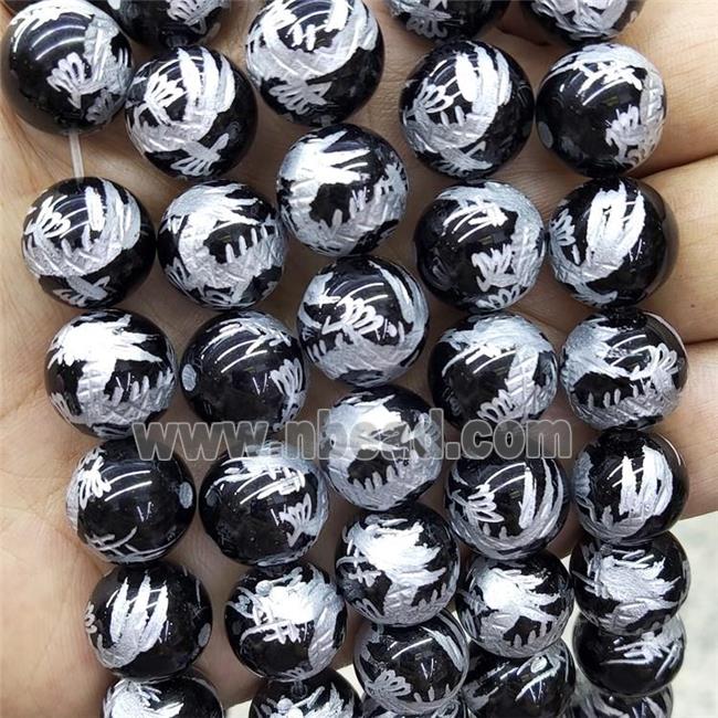 Natural Black Onyx Agate Beads Round Carved