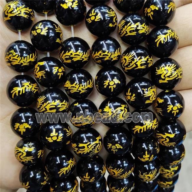 Natural Black Agate Beads Round Carved