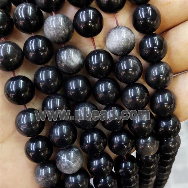 Natural Obsidian Beads Silver Flash Smooth Round