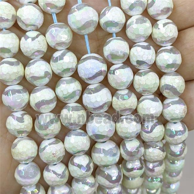 Tibetan Agate Beads White Wave Faceted Round AB-Color Electroplated