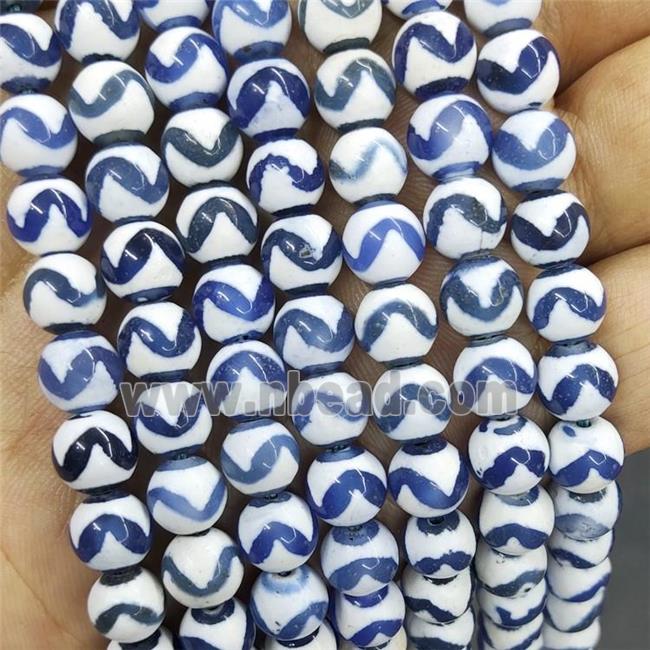 Tibetan Agate Beads Blue Wave Smooth Round