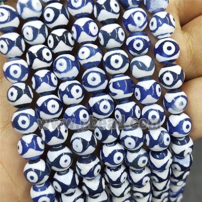 Tibetan Agate Beads Blue Evil Eye Smooth Round