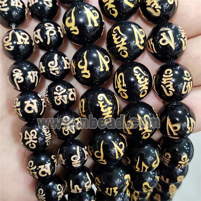 Natural Agate Buddhist Beads Black Dye Round Carved Om Mani Padme Hum