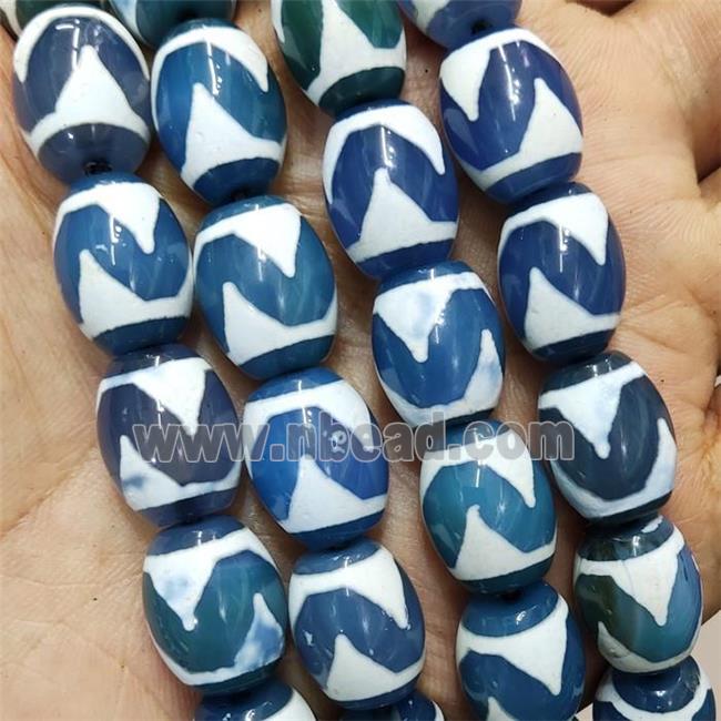 Tibetan Style Agate Barrel Beads Wave White Blue