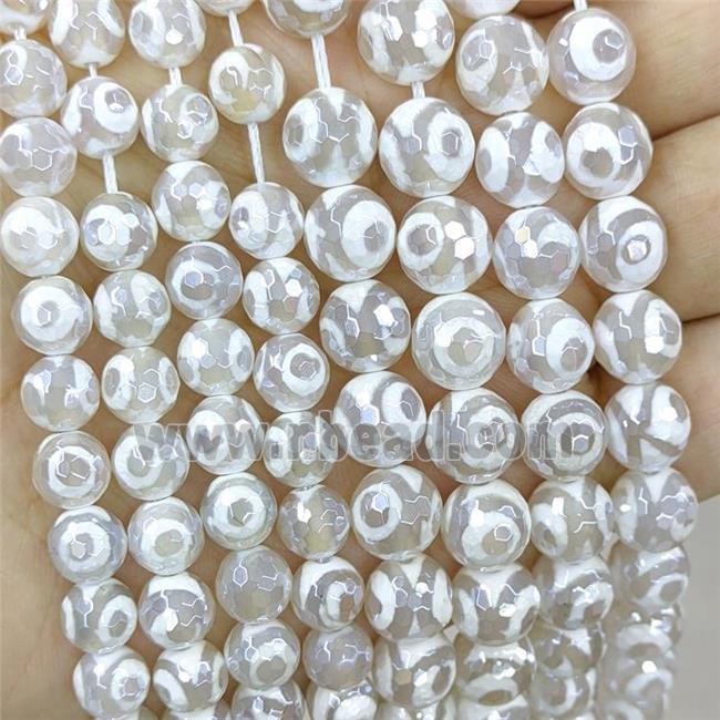 White Tibetan Agate Beads Faceted Round Evil Eye Electroplated