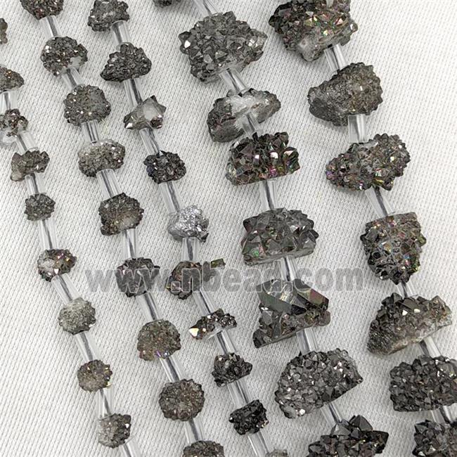 Natural Druzy Quartz Cluster Beads Black Electroplated