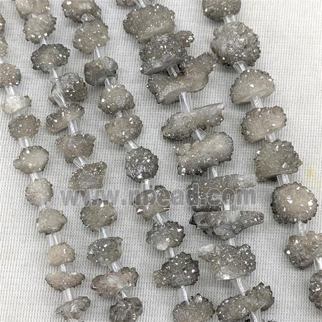 Natural Druzy Quartz Cluster Beads Gray Electroplated