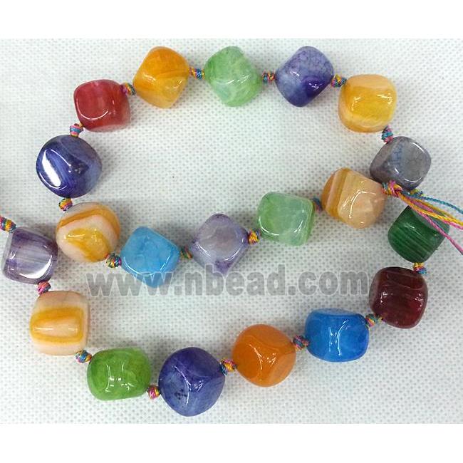 Agate stone beads, corner-drilled cube, mixed color