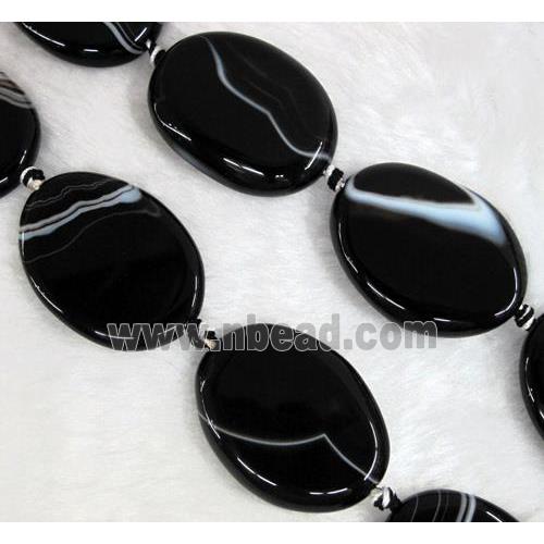 black agate stone bead, flat-oval