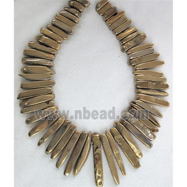 rock agate stone beads, polished, stick, gold electroplated