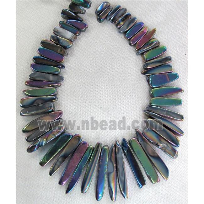rock agate stone beads, polished, stick, rainbow electroplated
