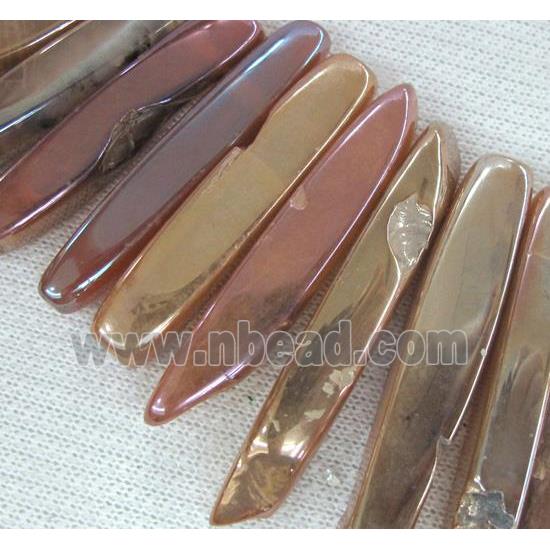 rock agate stone beads, polished, stick, pink electroplated