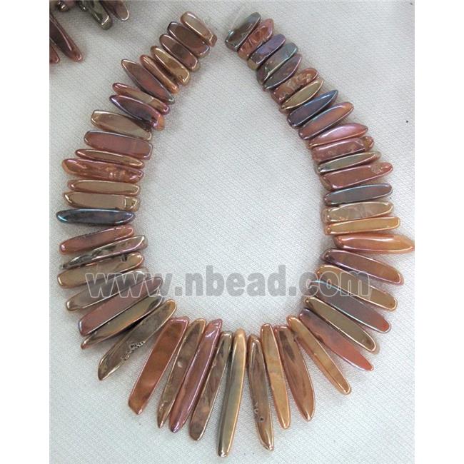 rock agate stone beads, polished, stick, pink electroplated
