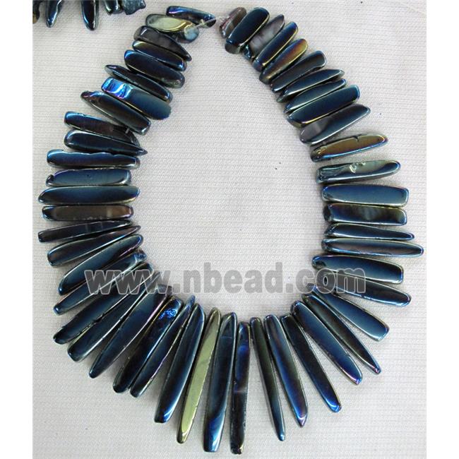 rock agate stone beads, polished, stick, blue electroplated