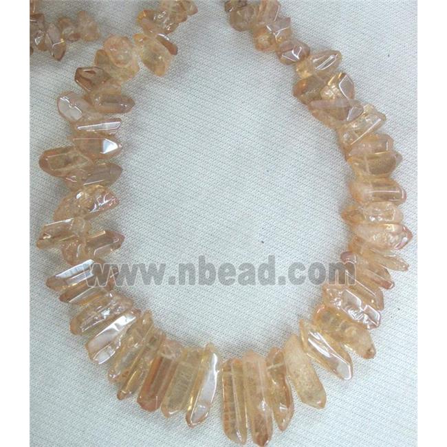 clear quartz bead, stick, freeform, gold champagne electroplated